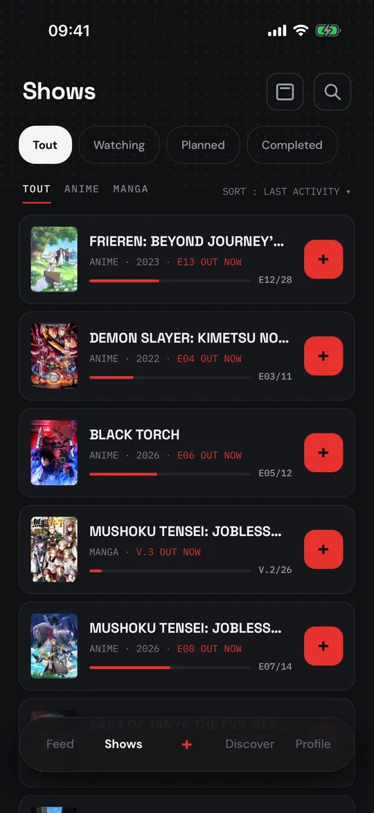 Nakama's Shows tab: the anime and manga you're following, with your progress